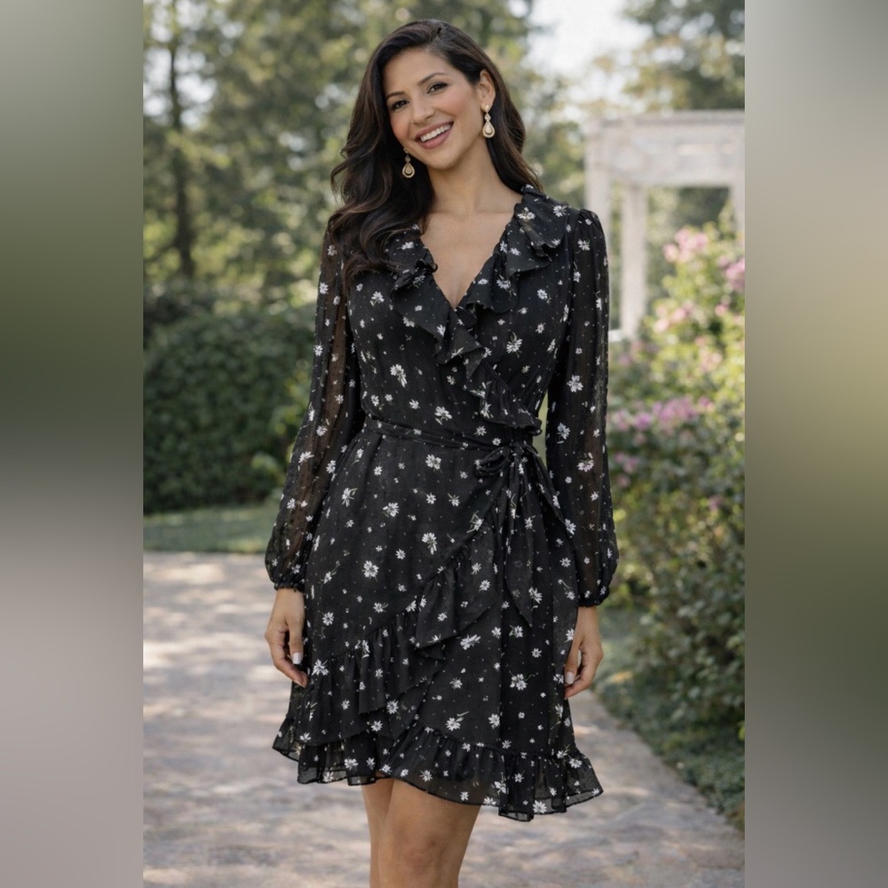 Spring + Mercer Women's Wrap Dress S Swiss Dot Floral Black White Ruffle NEW